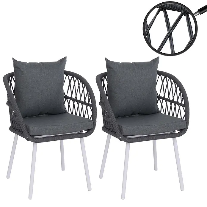Mendler 2er-Set Gartenstuhl HWC-Q38 - Gestell hellgrau, Polster anthrazit -  - Zwei dunkelgraue Gartenstühle mit Seilgeflecht, passenden Kissen und weißen Beinen.