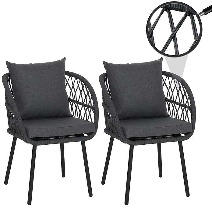 Mendler 2er-Set Gartenstuhl HWC-Q38 - Gestell schwarz, Polster anthrazit -  - Zwei dunkelgraue Outdoor-Stühle mit geflochtenen Seillehnen, schwarzen Beinen und passenden Kissen.