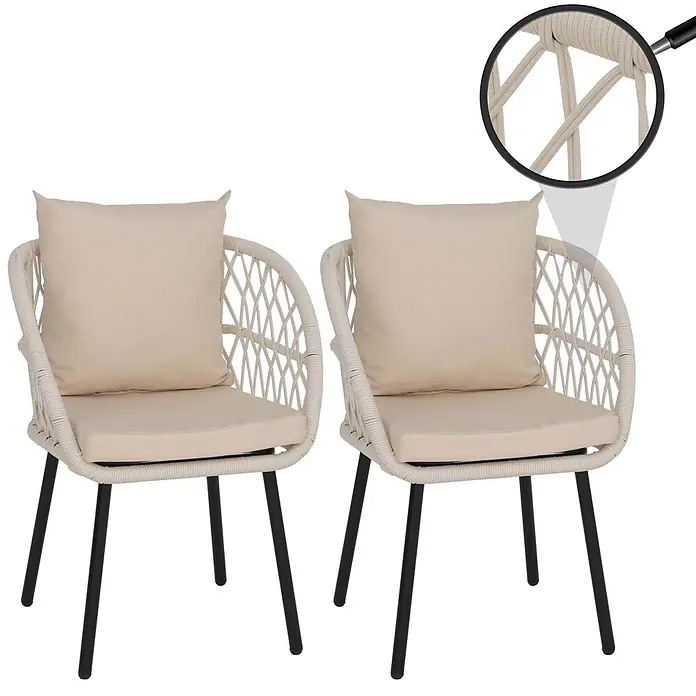 Mendler 2er-Set Gartenstuhl HWC-Q38 - Gestell schwarz, Polster Creme -  - Zwei beigefarbene Terrassenstühle aus geflochtenem Seil mit schwarzen Metallbeinen und cremefarbenen Kissen.