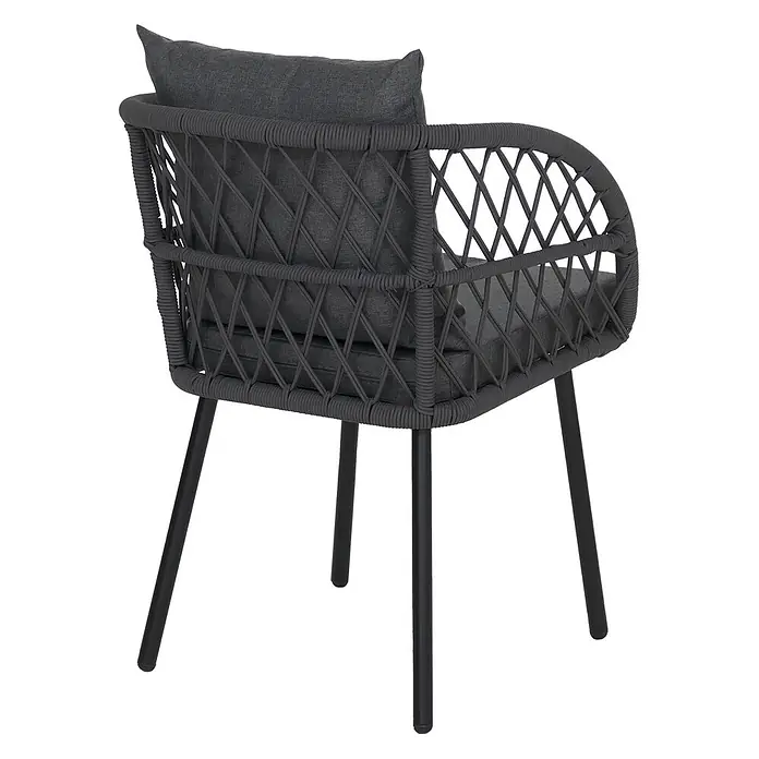 Mendler 2er-Set Gartenstuhl HWC-Q38 - Gestell schwarz, Polster anthrazit -  - Dunkelgrauer Korbsessel mit dunkelgrauen Sitz- und Rückenkissen, getragen von schwarzen Metallbeinen.