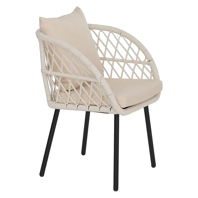 Mendler 2er-Set Gartenstuhl HWC-Q38 - Gestell schwarz, Polster Creme -  - Cremefarbener Sessel aus Polyrattan mit beigen Kissen und schwarzen Beinen.