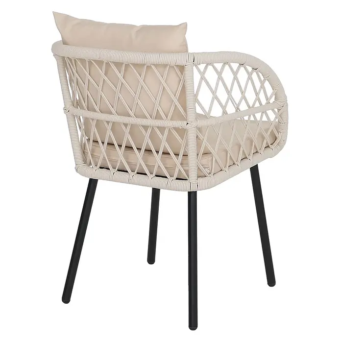 Mendler 2er-Set Gartenstuhl HWC-Q38 - Gestell schwarz, Polster Creme -  - Ein hellbeiger Sessel aus Polyrattan mit schwarzen Beinen und passenden Kissen.