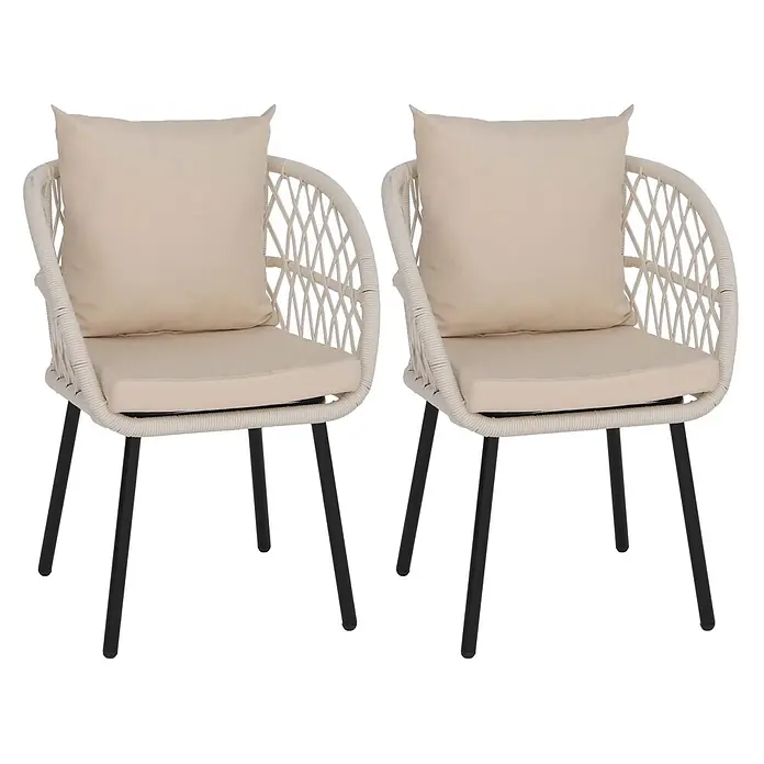 Mendler 2er-Set Gartenstuhl HWC-Q38 - Gestell schwarz, Polster Creme -  - Zwei cremefarbene Gartensessel mit schwarzem Gestell und beigen Kissen.