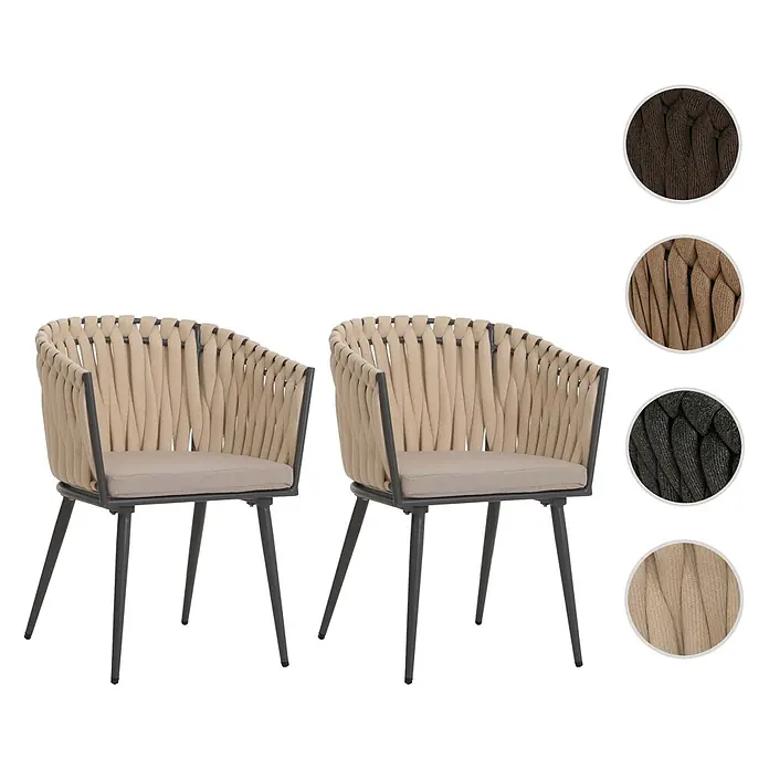 Mendler 2er-Set Alu-Gartenstuhl HWC-N38, Rope ~ creme Kissen hellbraun -  - Zwei Stühle mit beigefarbenen geflochtenen Rückenlehnen und dunklen Metallbeinen, Farbmuster in Braun, Schwarz und Beige.