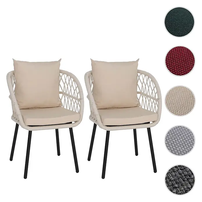 Mendler 2er-Set Gartenstuhl HWC-Q38 - Gestell schwarz, Polster Creme -  - Zwei beigefarbene geflochtene Gartenstühle mit bequemen Kissen und schwarzen Metallbeinen. Stoffmuster zeigen weitere Farboptionen.