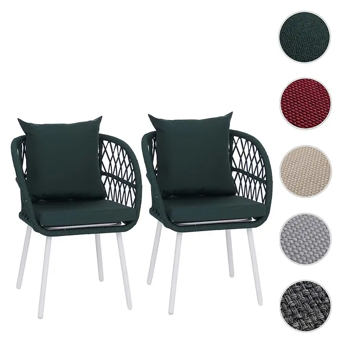 Mendler 2er-Set Gartenstuhl HWC-Q38 - Gestell hellgrau, Polster grün -  - Zwei dunkelgrüne geflochtene Stühle mit weißen Beinen und passenden Kissen, gezeigt mit Stofffarbmustern.
