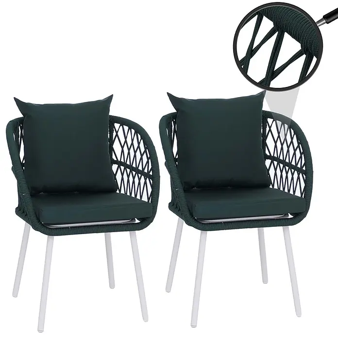 Mendler 2er-Set Gartenstuhl HWC-Q38 - Gestell hellgrau, Polster grün -  - Zwei dunkelgrüne geflochtene Seil-Gartenstühle mit passenden Kissen und weißen Metallbeinen.