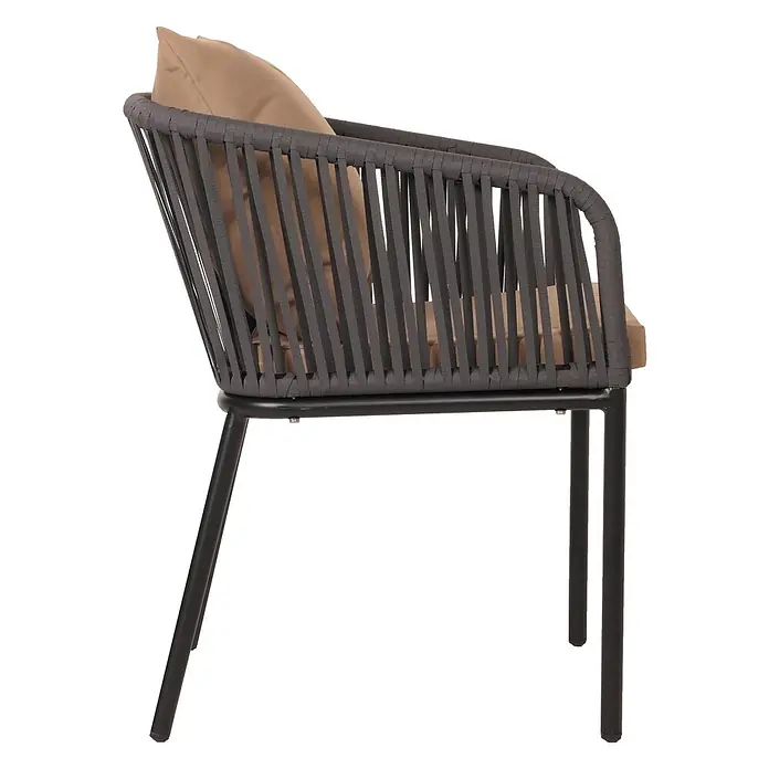 Mendler Gartenstuhl-Set HWC-N41 - 2 Stk., Textil, Anthrazit, Kissen taupe, B x T x H: 55 x 55 x 75 cm - Schwarzer Metall-Sessel mit dunkelgrauem Seilgeflecht und beigefarbenen Kissen.