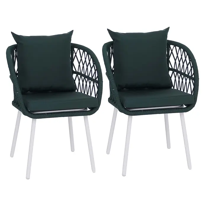 Mendler 2er-Set Gartenstuhl HWC-Q38 - Gestell hellgrau, Polster grün -  - Zwei dunkelgrüne Stühle mit geflochtenen Rückenlehnen und Sitzen, dunkelgrünen Kissen und weißen Beinen.