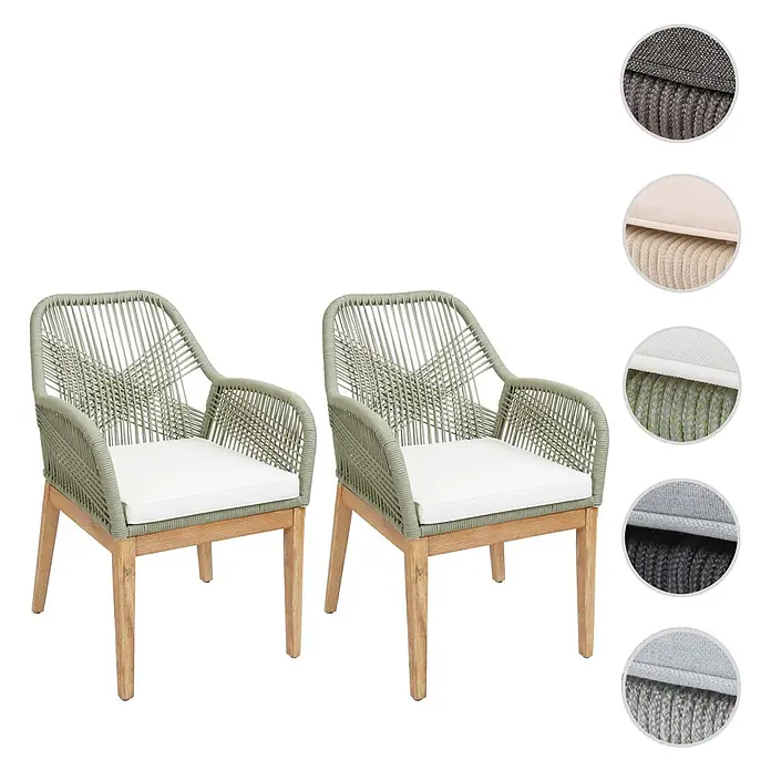 Mendler Gartenstuhl-Set HWC-H56 - 2 Stk., Holz, Grün, Kissen creme, B x T x H: 58 x 59 x 85 cm - Zwei grüne geflochtene Outdoor-Stühle mit weißen Kissen und hellen Holzbeinen.