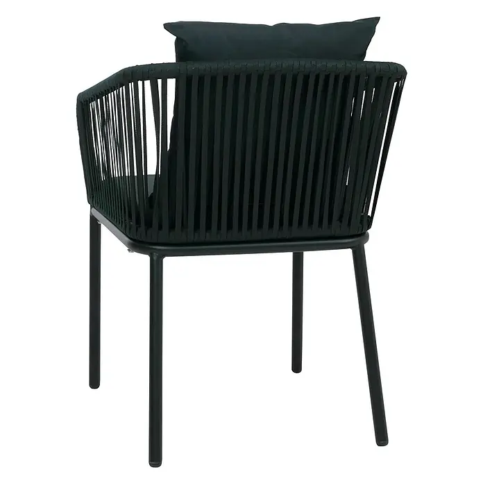 Mendler Gartenstuhl-Set HWC-N41 - 2 Stk., Textil, Dunkelgrün, Kissen dunkelgrün, B x T x H: 55 x 55 x 75 cm - Dunkelgrüner Outdoor-Sessel, von hinten gesehen, mit geflochtenem Seildesign und Metallgestell.