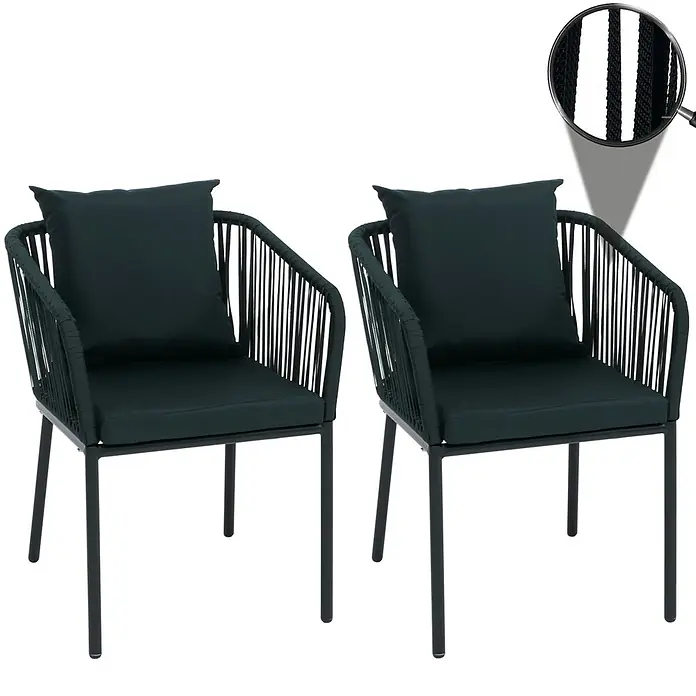 Mendler Gartenstuhl-Set HWC-N41 - 2 Stk., Textil, Dunkelgrün, Kissen dunkelgrün, B x T x H: 55 x 55 x 75 cm - Zwei dunkelgraue Gartenstühle mit geflochtenen Seilarmlehnen und Rückenlehnen, Metallbeinen und Kissen.