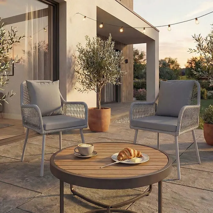 Mendler 2x Gartenstuhl HWC-O12 Rückenpolster - hellgrau, Bezug hellgrau -  - Zwei hellgraue geflochtene Outdoor-Sessel mit Kissen und ein runder Holztisch auf einer Terrasse.