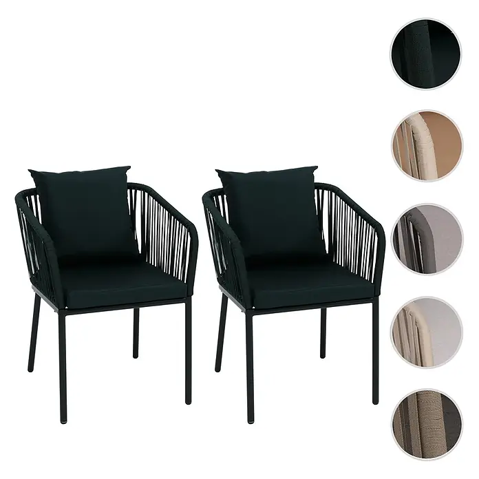 Mendler Gartenstuhl-Set HWC-N41 - 2 Stk., Textil, Dunkelgrün, Kissen dunkelgrün, B x T x H: 55 x 55 x 75 cm - Zwei dunkelgrüne Outdoor-Stühle mit schwarzem Metallrahmen, geflochtener Rückenlehne und dunkelgrünen Kissen, ideal für Terrasse oder Garten.