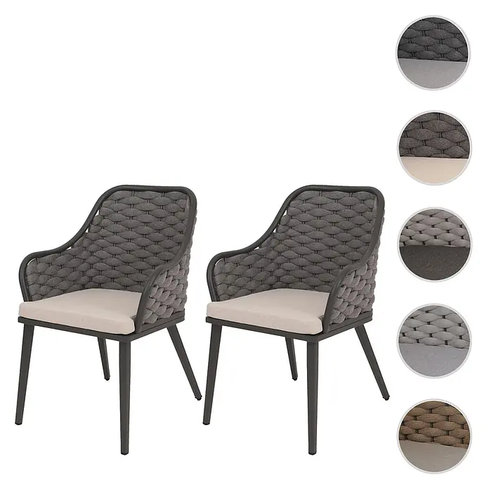 Mendler Gartenstuhl-Set HWC-O16 - 2 Stk., Textil, Anthrazit Kissen taupe, B x T x H: 59 x 63 x 84 cm - Zwei dunkelgraue Gartenstühle mit geflochtenen Rückenlehnen und hellbeigen Sitzkissen auf dunkelgrauen Gestellen.