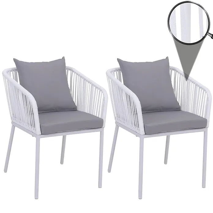 Mendler 2er-Set Gartenstuhl HWC-N41 - hellgrau, Kissen hellgrau -  - Zwei weiße Outdoor-Stühle mit geflochtenen Rückenlehnen und grauen Sitz- und Rückenkissen. Die Stühle haben weiße Metallgestelle.