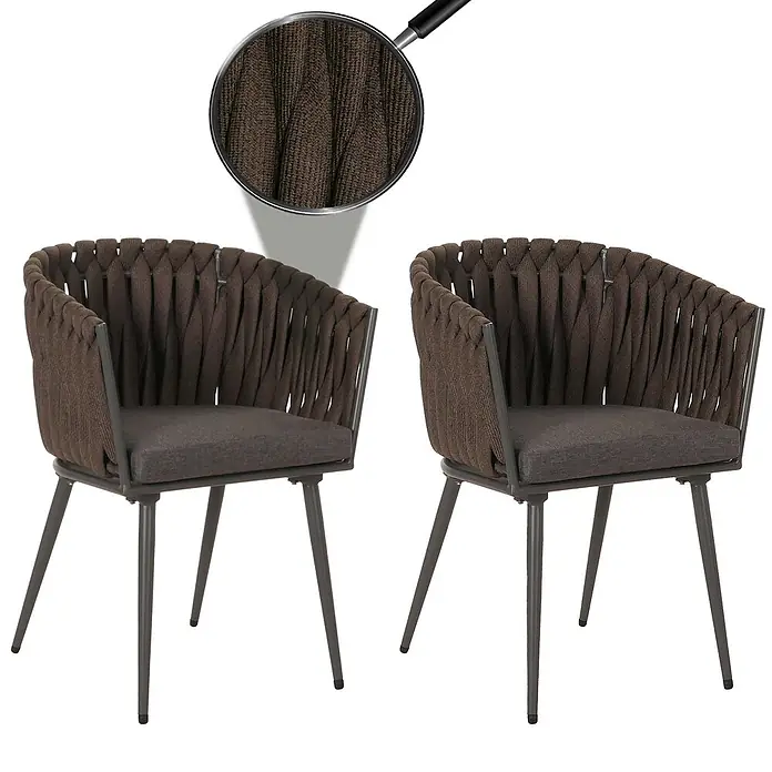 Mendler 2er-Set Alu-Gartenstuhl HWC-N38, Rope ~ braun Kissen dunkelgrau -  - Zwei braune Stühle mit geflochtener Kordel, dunkelgrauem Metallgestell und Sitzkissen. Lupe zeigt Kordelstruktur.