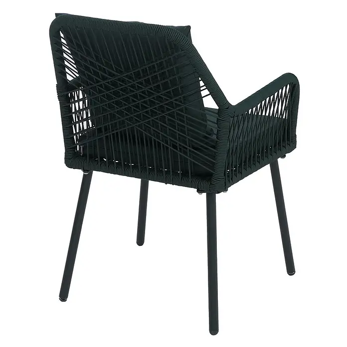 Mendler 2x Gartenstuhl HWC-O12 Rückenpolster - grün, Bezug grün -  - Dunkelgrüner geflochtener Loungesessel mit passenden Kissen und schwarzen Metallbeinen.