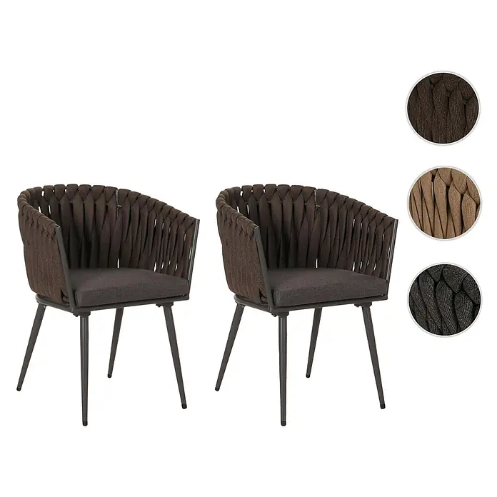Mendler 2er-Set Alu-Gartenstuhl HWC-N38, Rope ~ braun Kissen dunkelgrau -  - Zwei dunkelbraune Stühle mit geflochtenen Rückenlehnen und Polstersitzen auf Metallbeinen. Farbmuster zeigen Braun, Beige und Schwarz.