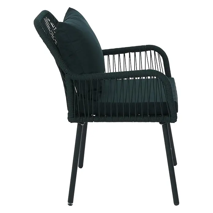 Mendler 2x Gartenstuhl HWC-O12 Rückenpolster - grün, Bezug grün -  - Dunkelgrüner Sessel aus geflochtenem Seil mit Kissen und dunklen Metallbeinen, Seitenansicht.