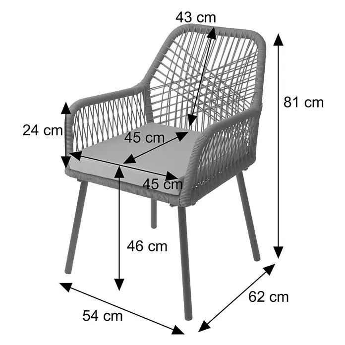 Mendler 2x Gartenstuhl HWC-O12 Rückenpolster - grün, Bezug grün -  - Grauer geflochtener Gartenstuhl mit grauem Kissen, Maße angegeben.
