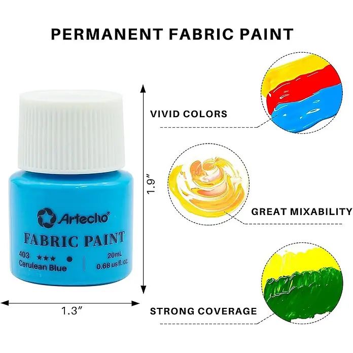 Artecho Textilmalfarben-Set mit 3 Pinseln - Mehrfarbig, 8 Stk. x 20 ml, Flasche - Eine 20ml Flasche Artecho Cerulean Blue Permanent-Stofffarbe, die ihre lebendige Farbe, Mischbarkeit und Deckkraft zeigt.