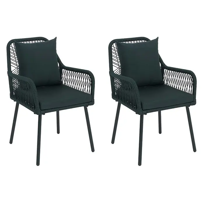 Mendler 2x Gartenstuhl HWC-O12 Rückenpolster - grün, Bezug grün -  - Zwei dunkelgrüne Outdoor-Stühle aus geflochtenem Seil mit passenden Sitz- und Rückenkissen und dunklen Metallbeinen.
