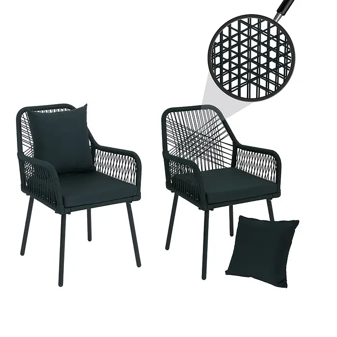 Mendler 2x Gartenstuhl HWC-O12 Rückenpolster - grün, Bezug grün -  - Zwei dunkelgrüne geflochtene Gartenstühle mit passenden Kissen, die die komplizierte Webstruktur hervorheben.