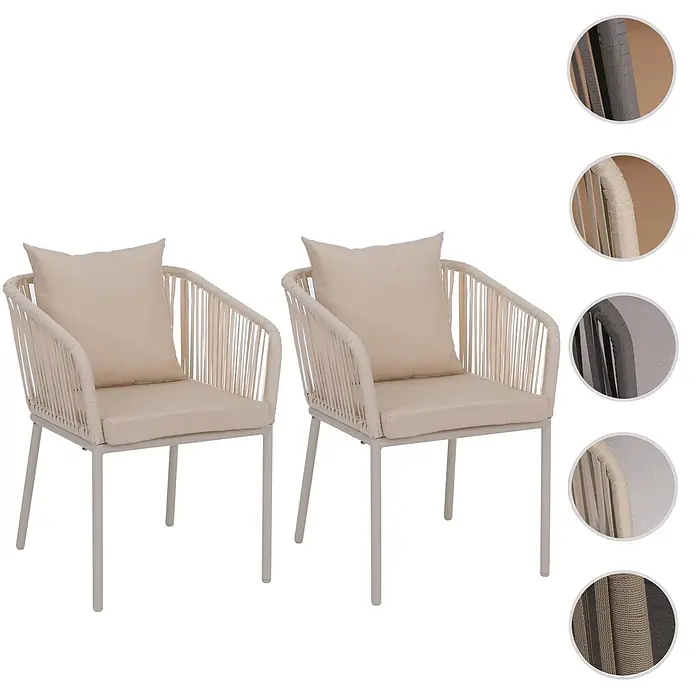 Mendler 2er-Set Gartenstuhl HWC-N41 - Creme, Kissen Creme -  - Zwei hellbeige Outdoor-Stühle mit geflochtenen Rückenlehnen und gepolsterten Kissen.