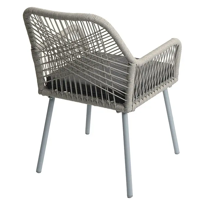 Mendler 2er-Set Gartenstuhl HWC-O12 Sitzpolster - grau, Bezug dunkelgrau -  - Grauer Outdoor-Stuhl mit geflochtenem Seildesign, dunkelgrauem Kissen und hellgrauen Metallbeinen.