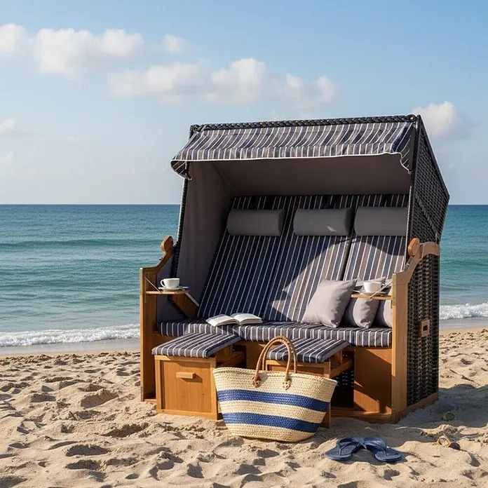 Strandkorb Ostsee XXL Wacholder PE Schwarz Dessin Anthrazit Braun -  - Ein Strandkorb aus Holz und Geflecht mit marineblau-weiß gestreiften Polstern, am Sandstrand am Meer.