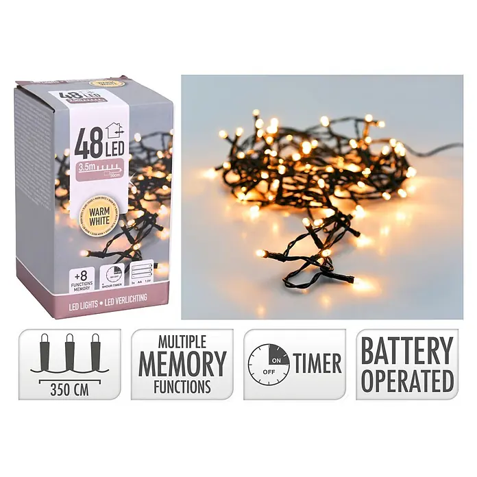 LED-Weihnachtsdekoleuchte - 8-Stufen-Schalter, Speicherfunktion und Timer zum automatischen Ein- und Ausschalten, Batteriebetrieben, LED - Warmweiße 3,5m batteriebetriebene 48 LED Lichterkette mit mehreren Funktionen und Timer.