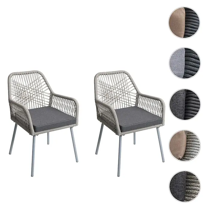 Mendler 2er-Set Gartenstuhl HWC-O12 Sitzpolster - grau, Bezug dunkelgrau -  - Zwei hellgraue Gartenstühle aus geflochtenem Seil mit dunkelgrauen Kissen und Materialoptionen.