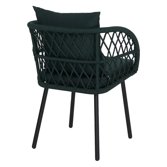 Mendler 2er-Set Gartenstuhl HWC-Q38 - Gestell schwarz, Polster grün -  - Dunkelgrüner geflochtener Outdoor-Stuhl mit schwarzen Beinen und Kissen, von hinten rechts gesehen.