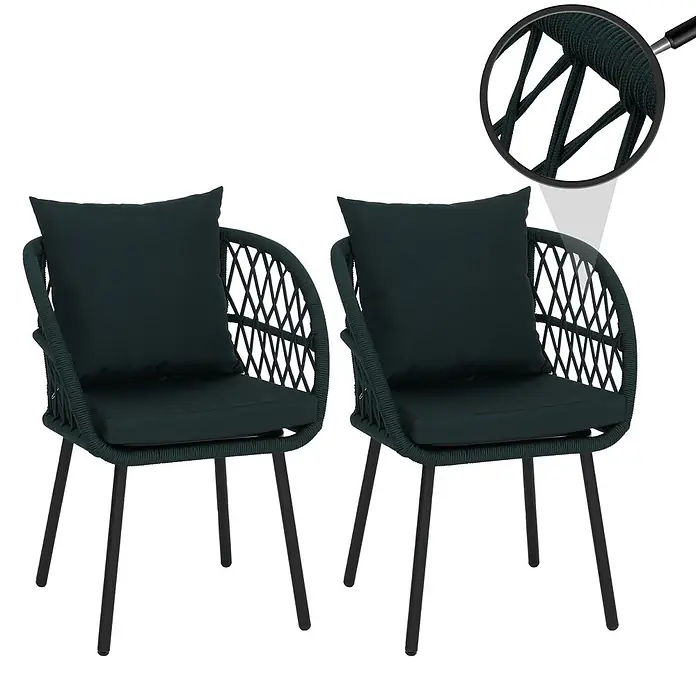Mendler 2er-Set Gartenstuhl HWC-Q38 - Gestell schwarz, Polster grün -  - Zwei dunkelgrüne Outdoor-Sessel mit geflochtenen Seilrahmen, weichen dunkelgrünen Kissen und schwarzen Metallbeinen.