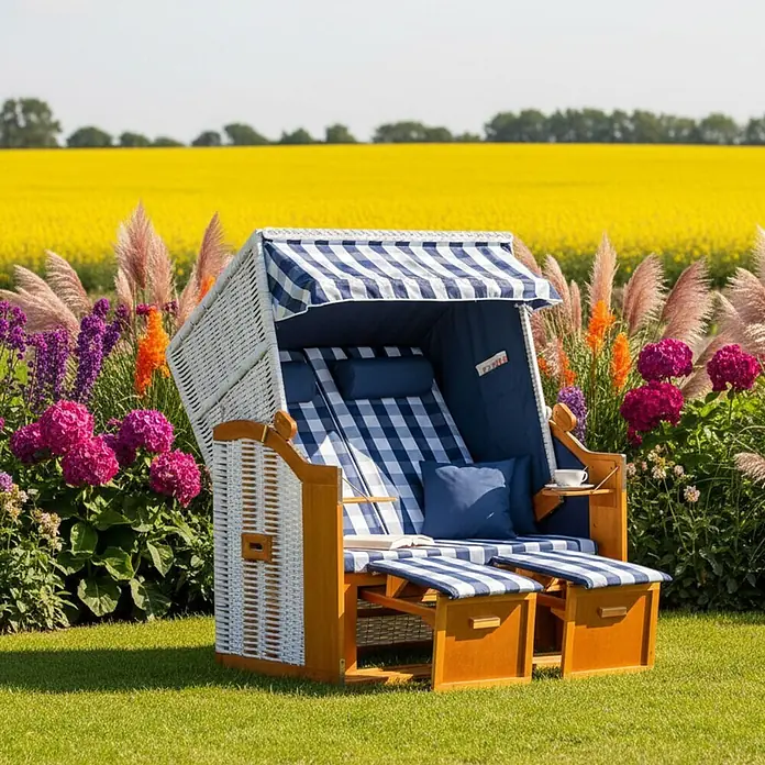 Mr. Deko Strandstuhl - 1 Stk., Wacholder, Rückenlehne verstellbar, blau, B x T x H: 120 x 80 x 160 cm - Ein blau-weiß gestreifter Strandkorb aus weißem Geflecht und Holz, in einem Garten mit bunten Blumen und gelbem Feld.