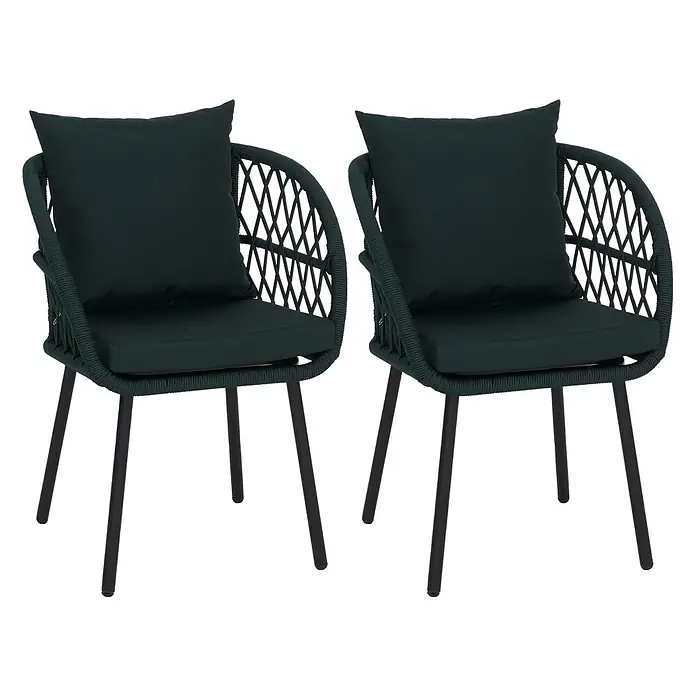 Mendler 2er-Set Gartenstuhl HWC-Q38 - Gestell schwarz, Polster grün -  - Zwei dunkelgrüne Gartenstühle mit geflochtenen Seillehnen, passenden Kissen und schwarzen Metallbeinen.