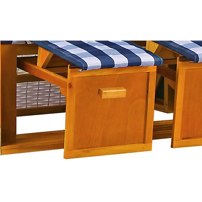 Mr. Deko Strandstuhl - 1 Stk., Wacholder, Rückenlehne verstellbar, blau, B x T x H: 120 x 80 x 160 cm - Holzbank mit blau-weiß gestreiftem Kissen und aufklappbarer Aufbewahrungstür.