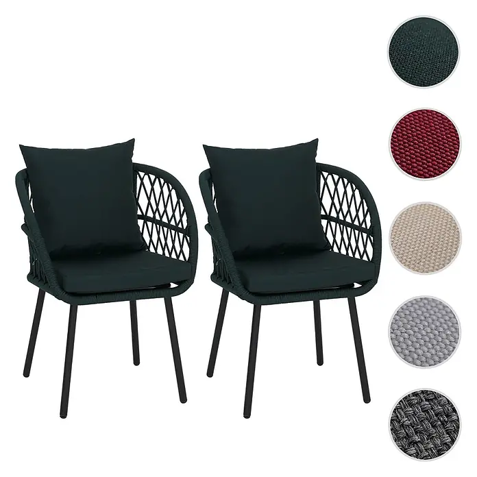 Mendler 2er-Set Gartenstuhl HWC-Q38 - Gestell schwarz, Polster grün -  - Paar dunkelgrüner geflochtener Stühle mit Kissen und schwarzen Beinen, mit verschiedenen Stofffarboptionen.