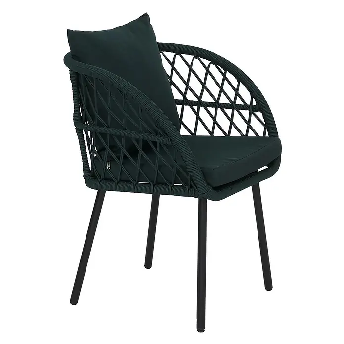 Mendler 2er-Set Gartenstuhl HWC-Q38 - Gestell schwarz, Polster grün -  - Dunkelgrüner geflochtener Outdoor-Stuhl mit schwarzen Beinen und passenden Kissen.