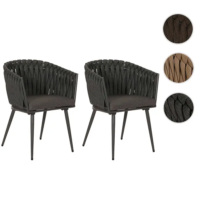 Mendler 2er-Set Alu-Gartenstuhl HWC-N38, Rope ~ anthrazit Kissen dunkelgrau -  - Zwei anthrazitfarbene Sessel mit geflochtenem Seil, Metallbeinen und Kissen. Auch in Braun und Beige erhältlich.