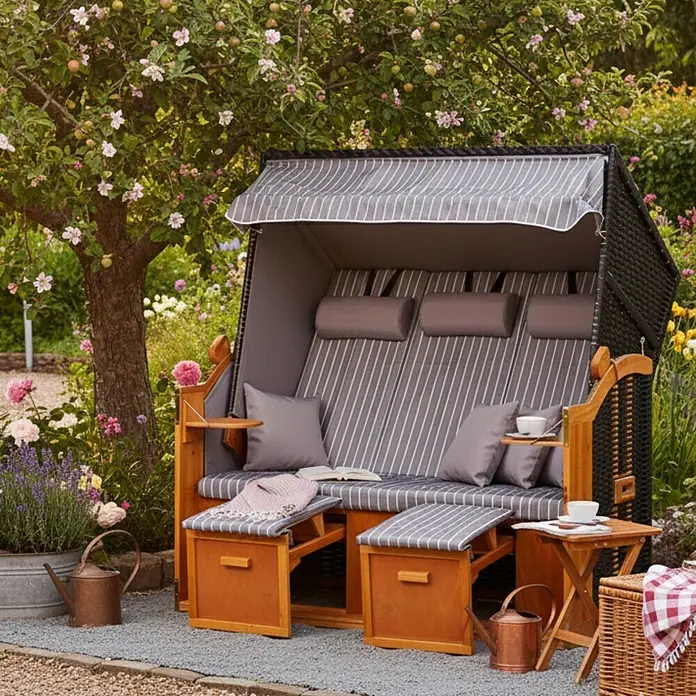 Strandkorb Ostsee XXL Wacholder PE Schwarz Dessin Royal Grau -  - Strandkorb mit dunklem Korbgeflecht, Holzelementen und grau-weiß gestreiften Polstern, in einem blühenden Garten.
