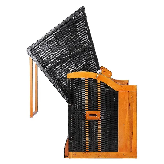 Strandkorb Ostsee XXL Wacholder PE Schwarz Dessin Royal Grau -  - Schwarzer Strandkorb aus Korbgeflecht und Holz, seitlich offen.