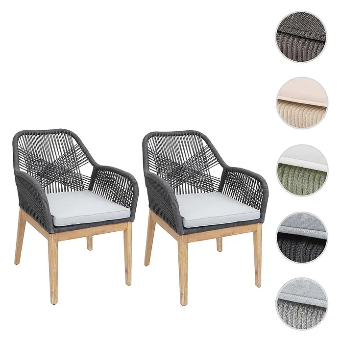 Mendler 2er-Set Gartenstuhl HWC-H56b Holz - dunkelgrau Kissen hellgrau -  - Zwei Stühle mit hellen Holzbeinen, dunkelgrauen geflochtenen Seillehnen/Armlehnen und hellgrauen Kissen. Verschiedene Material- und Farboptionen in Nahaufnahme.