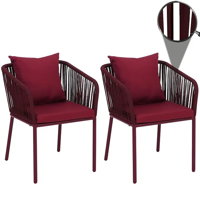Mendler Gartenstuhl-Set HWC-N41 - 2 Stk., Textil, Bordeaux, Kissen bordeaux, B x T x H: 55 x 55 x 75 cm - Zwei rote Outdoor-Stühle mit geflochtenen Rückenlehnen und Armlehnen, inklusive passender Sitz- und Rückenkissen.