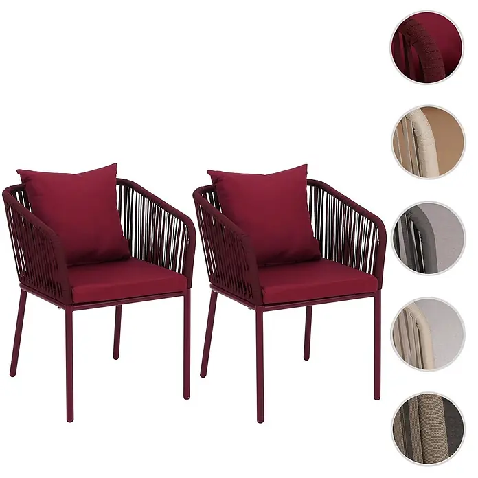 Mendler Gartenstuhl-Set HWC-N41 - 2 Stk., Textil, Bordeaux, Kissen bordeaux, B x T x H: 55 x 55 x 75 cm - Zwei rote Outdoor-Stühle mit Metallrahmen, roten geflochtenen Rückenlehnen/Armlehnen und passenden Kissen.