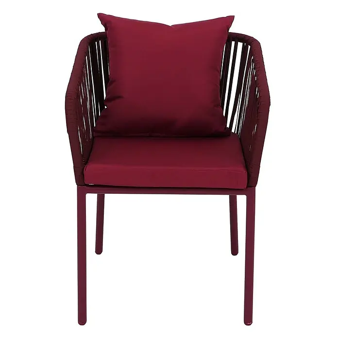 Mendler Gartenstuhl-Set HWC-N41 - 2 Stk., Textil, Bordeaux, Kissen bordeaux, B x T x H: 55 x 55 x 75 cm - Roter Outdoor-Sessel mit geflochtener Rückenlehne, Metallrahmen und passenden Sitz- und Rückenkissen.