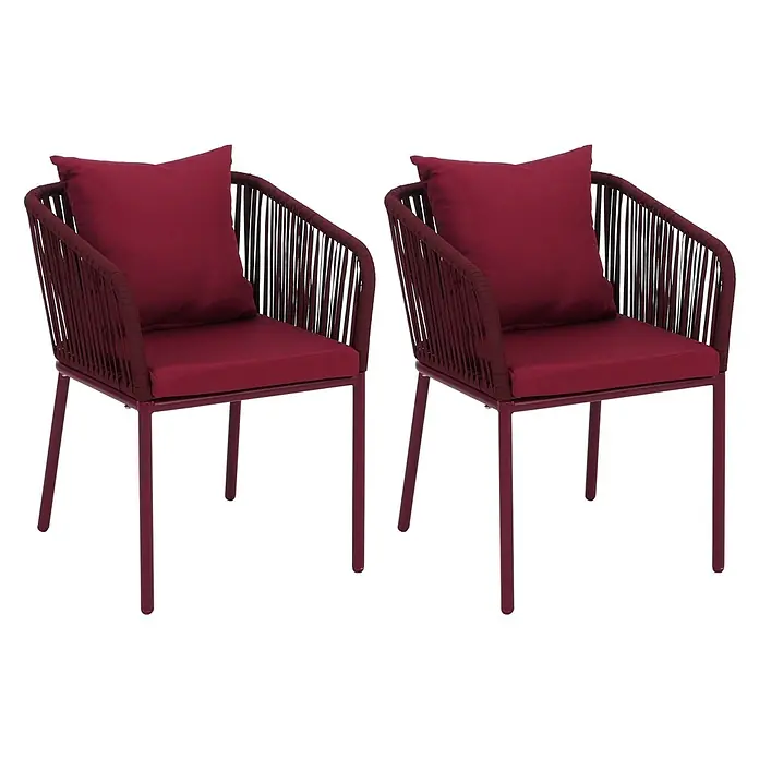 Mendler Gartenstuhl-Set HWC-N41 - 2 Stk., Textil, Bordeaux, Kissen bordeaux, B x T x H: 55 x 55 x 75 cm - Zwei rote Outdoor-Stühle mit geflochtenen Rückenlehnen, Metallrahmen und bequemen roten Kissen.