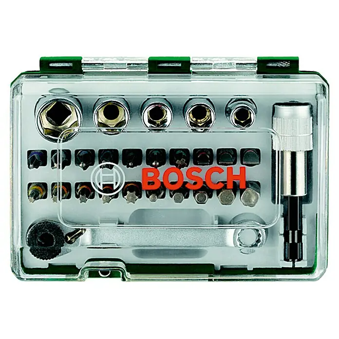 Bosch Schrauberbit- & Ratschen-Set - 27 -tlg. - Bosch Schraubenschlüssel- und Bit-Set in transparenter Box. Das Set enthält verschiedene Schraubenschlüssel und Bits für verschiedene Schraubarbeiten.