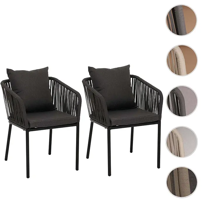 Mendler 2er-Set Gartenstuhl HWC-N41 - anthrazit, Kissen dunkelgrau -  - Zwei dunkelgraue Outdoor-Stühle mit geflochtenen Seillehnen, dunkelgrauen Polstern und schwarzen Metallgestellen.
